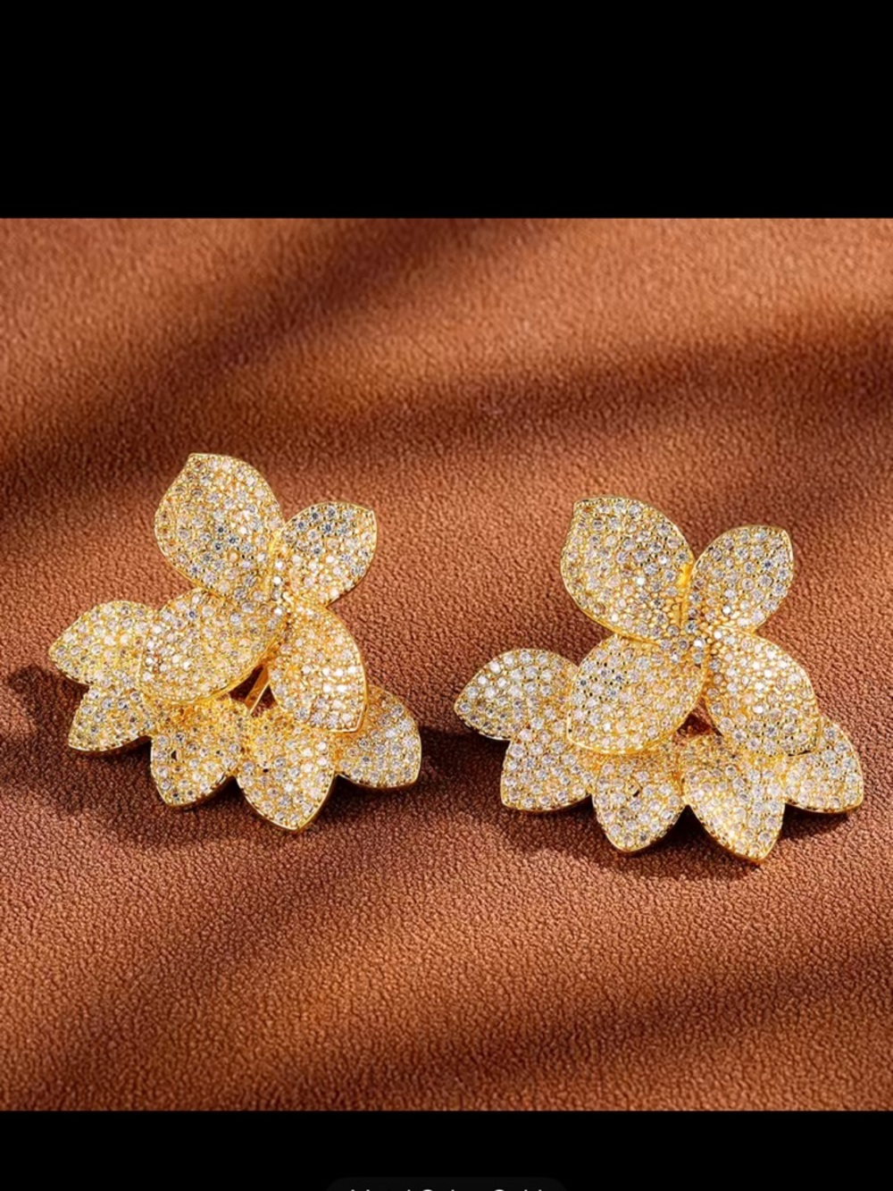 Gold Crystal Pave Flower Statement Earrings